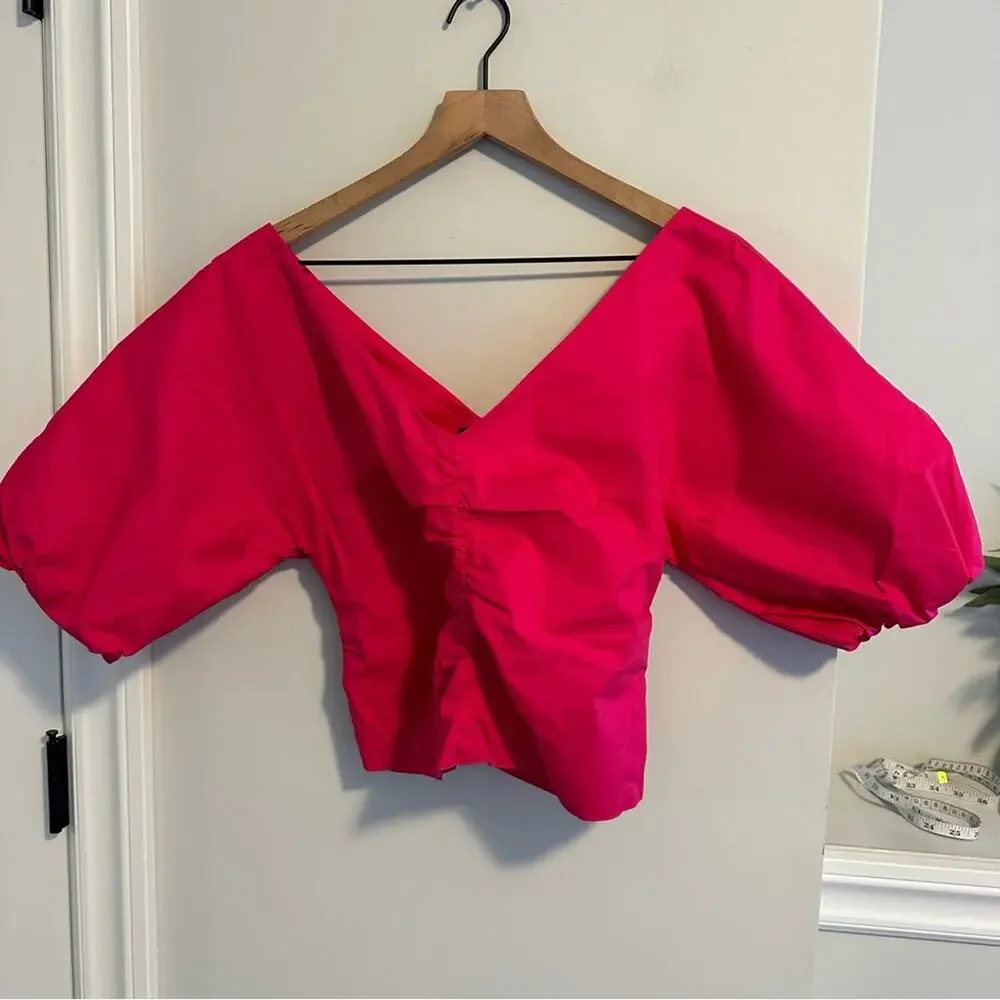 Kirna Zabete Bright Pink Cotton Ruched Top Blouse Medium